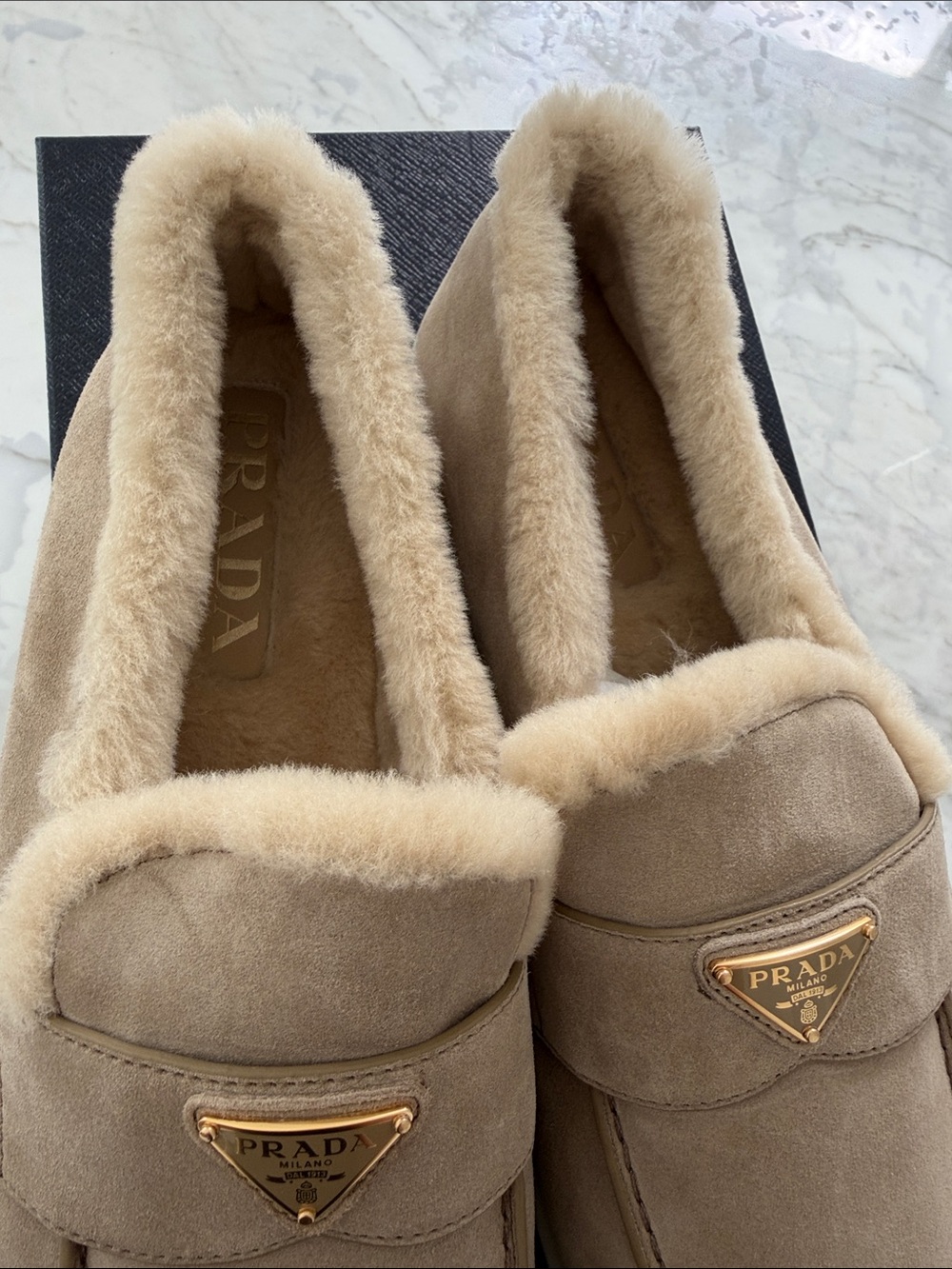 New Prada Beige Suede Shearling-Lined Slip-On Loafers Men 8.5 Women 11 - Picture 3 of 5
